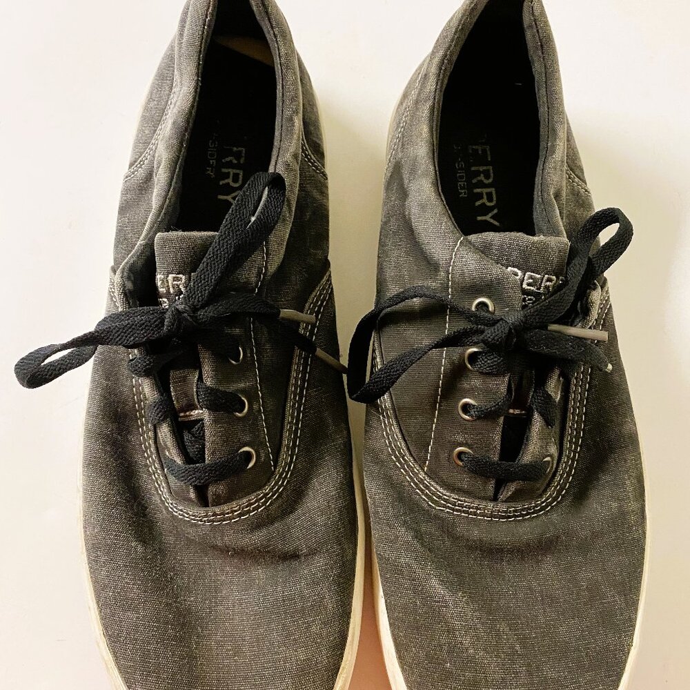 Sperry Mens Top Sider Shoes US 10.5 M Gray Striped Canvas Lace Up Sneakers